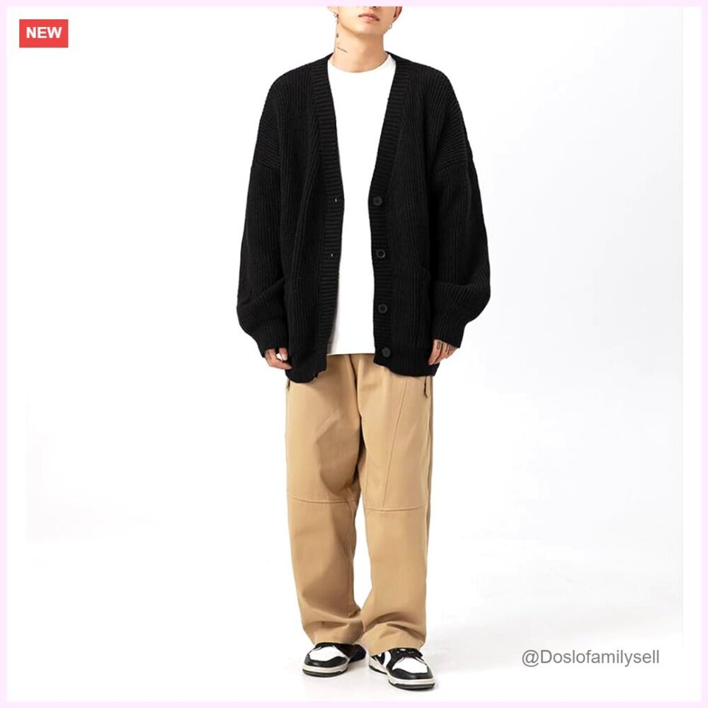 Men's Cable Knit Cardigan Sweater, V-Neck, Long Sleeve, Oversized Streetwear - Picture 5 of 7